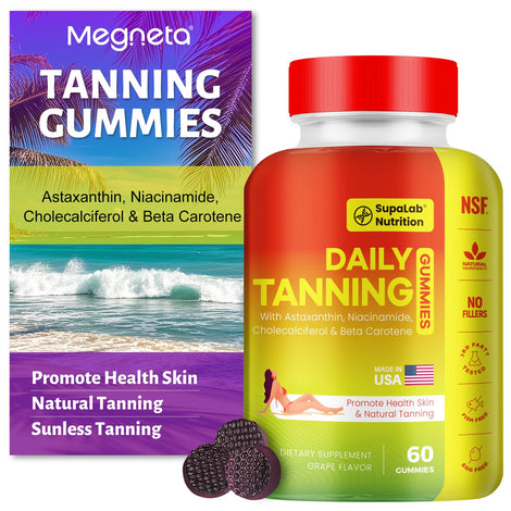 MEGNETA Tanning Gummies bottle, convenient sunless glow booster for daily use.