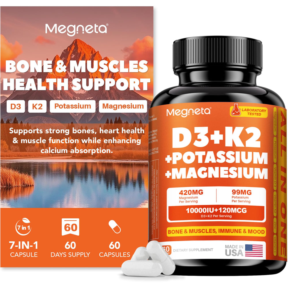 MEGNETA Vitamin D3 K2 bottle for daily calcium balance.