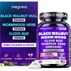 MEGNETA Wormwood Black Walnut Clove Cleanse bottle shows a 10-herb blend for daily digestive support