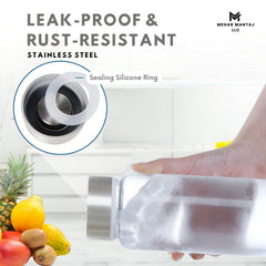 MEHAR MANTAJ glass water bottle with leak-proof lid prevents spills during travel.