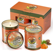 MeiGlow amber vetiver musk candle in tin fills room with inviting warmth.