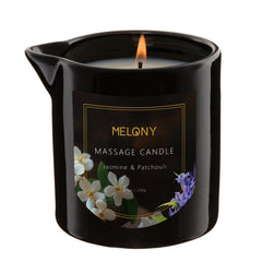 Melony Luxury Massage Candle jar closeup showing premium packaging for at-home spa rituals.