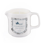 Melony soy massage oil candle blue-vanilla jar shows premium home spa design.