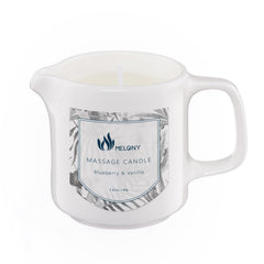 Melony soy massage oil candle blue-vanilla jar shows premium home spa design.