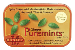 Meltzer's Puremints Ginger pack image highlights portable 1.76 oz tin for travel.