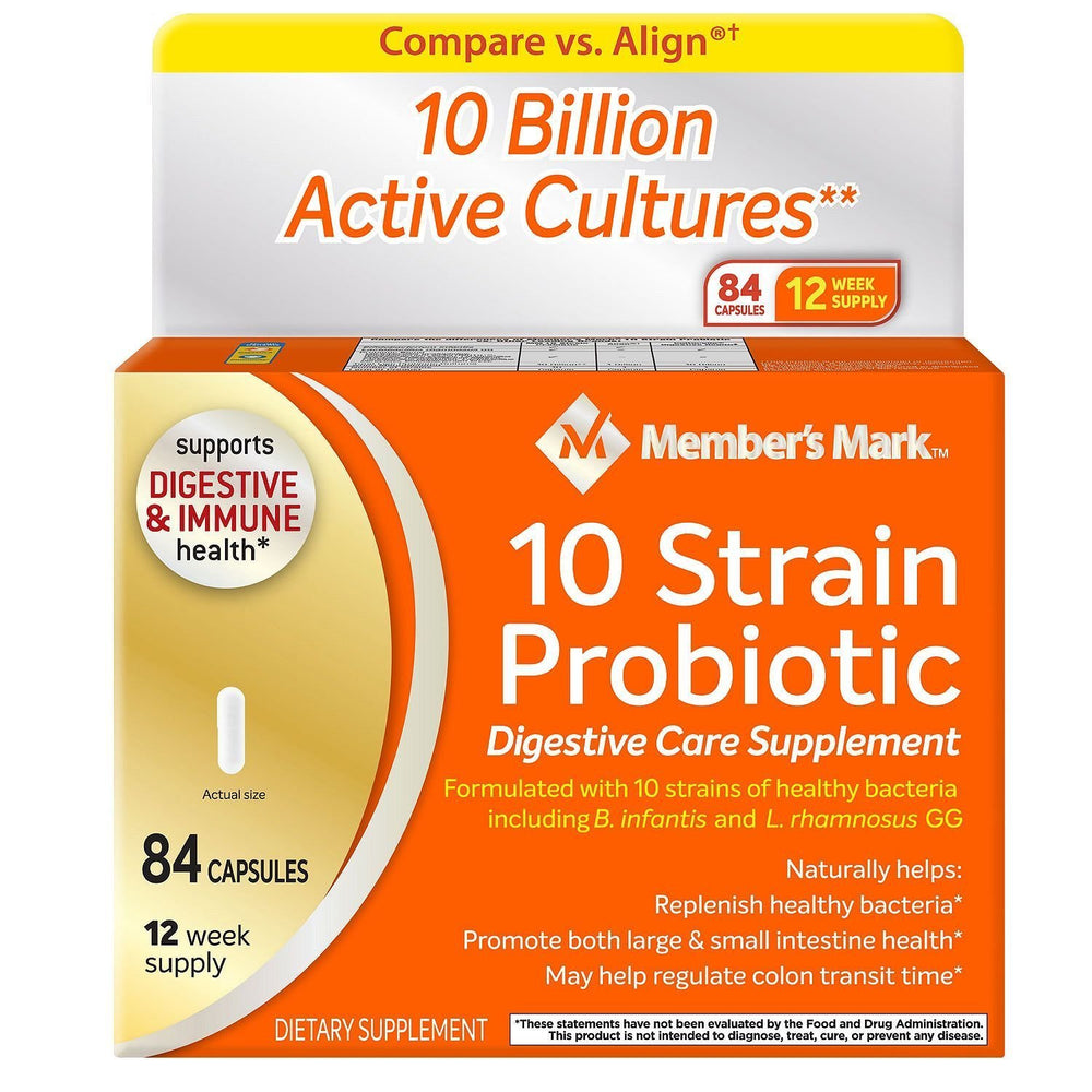 Member's Mark 5x Probiotic bottle front view for convenient daily digestive support.