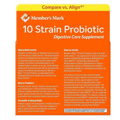 Close-up of Member's Mark probiotic capsules showing 10 strains per serving.