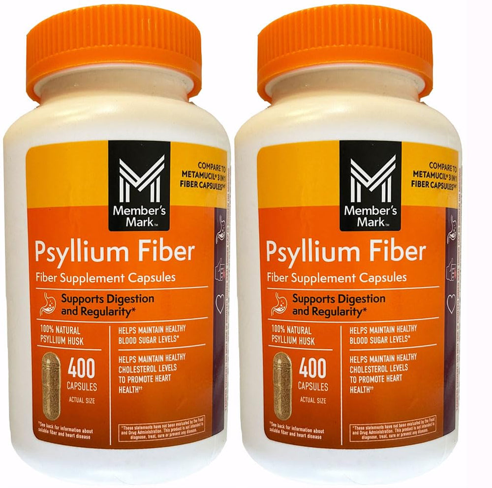 Member's Mark Fiber Capsules two-pack bottles front view highlighting psyllium fiber for daily goals.