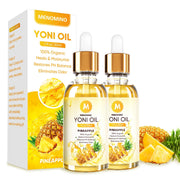 MENOMINO yoni oil 2-pack bottle with pineapple label, supports daily pH balance.