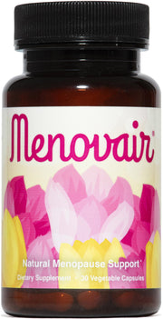 Menovair bottle front showing vegan, gluten-free formulation for everyday comfort