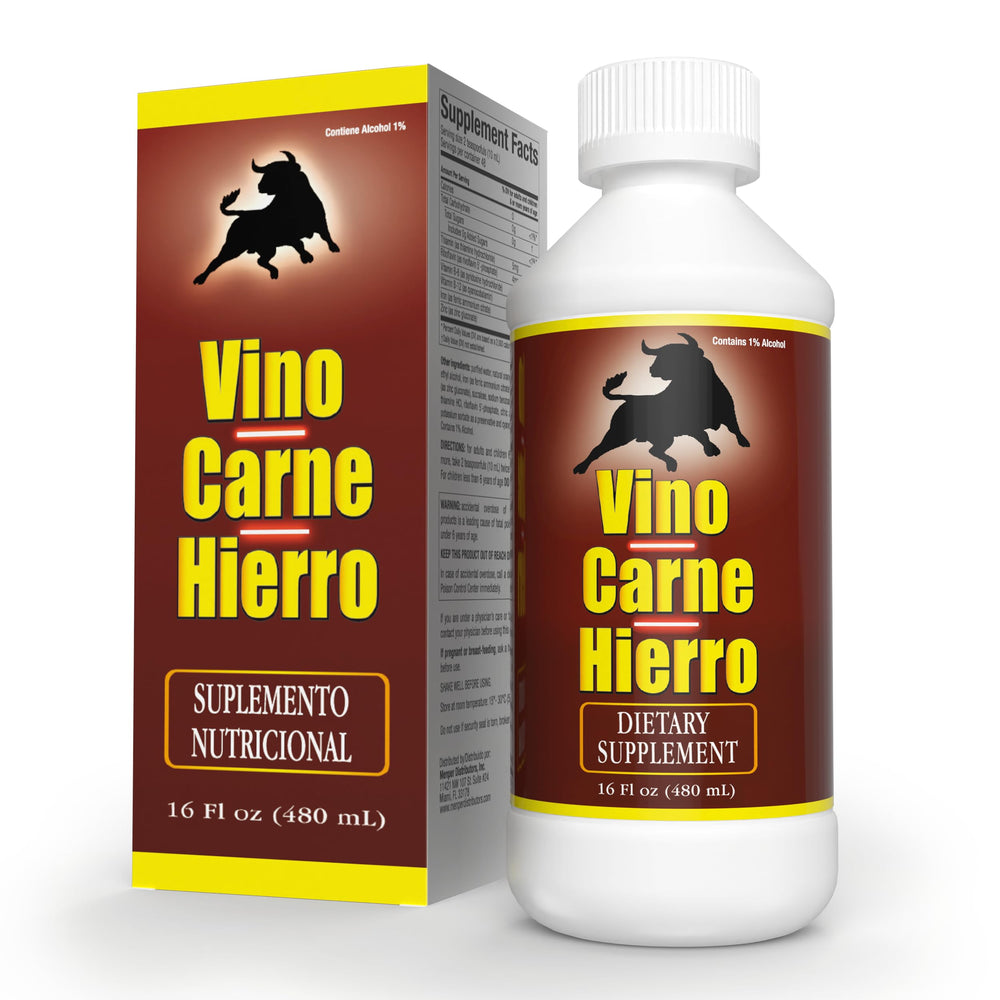 Menper Vino Carne Hierro bottle front shows trusted iron and vitamin blend for daily energy.