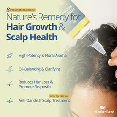 MenstrEaze oil blend close-up highlighting natural ingredients for hair nourishment