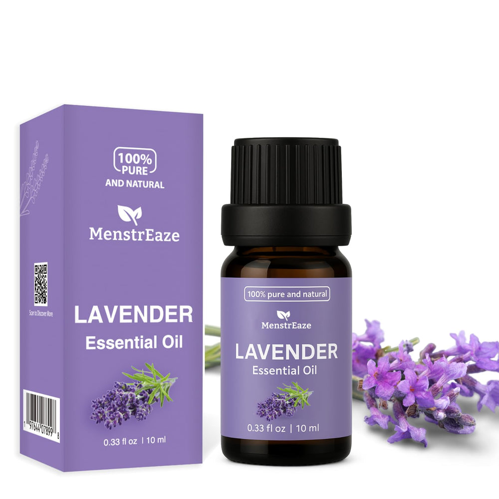 MenstrEaze lavender oil bottle with direct skin use and calming scent.