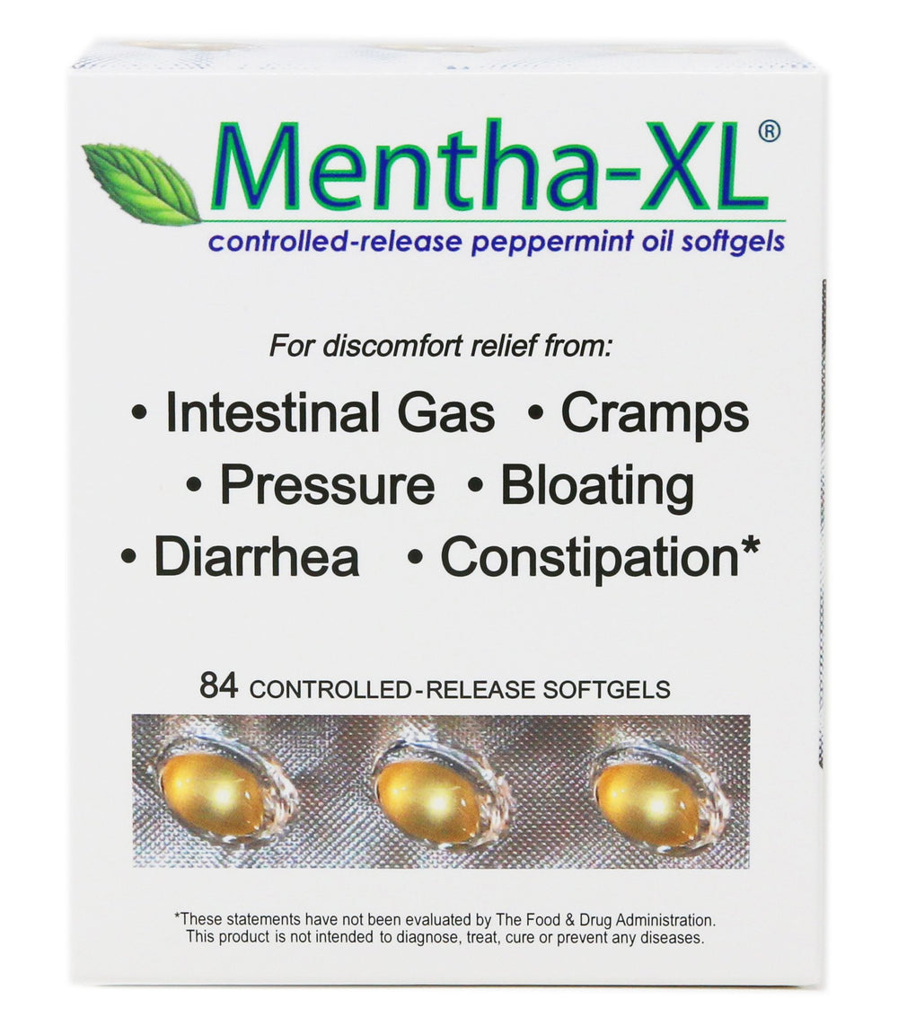 Mentha-XL softgel bottle close-up showing potent peppermint oil in a convenient form