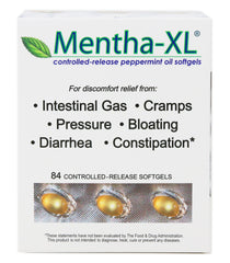 Mentha-XL softgel bottle close-up showing potent peppermint oil in a convenient form