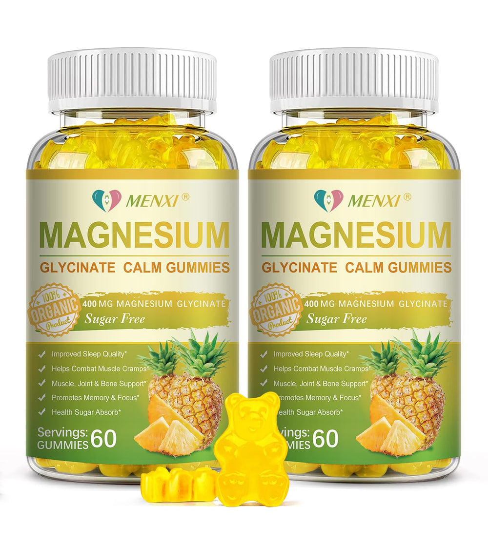MENXI Magnesium Glycinate Gummies pineapple bottle showcases convenient sugar-free support for relaxation.