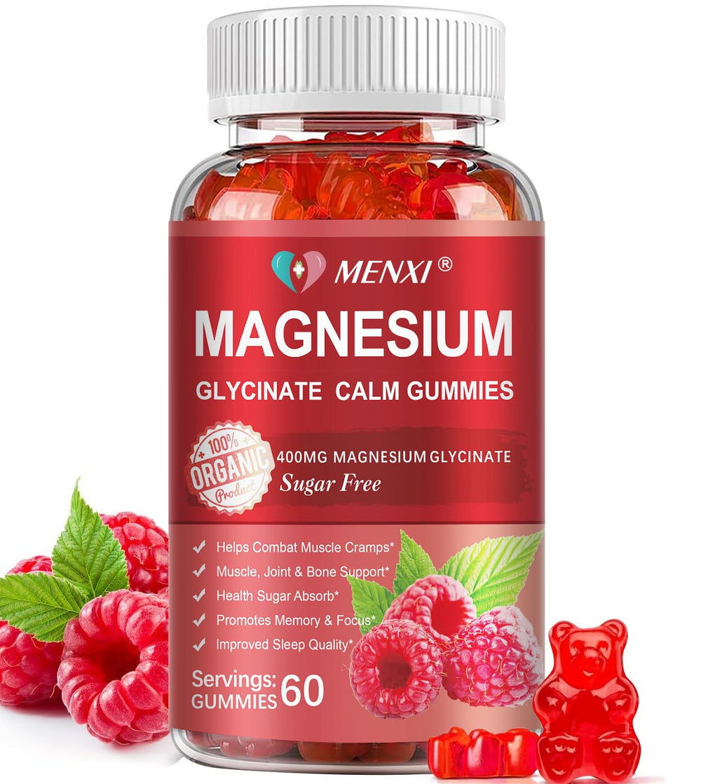 MENXI Magnesium Gummies Raspberry bottle highlights sugar-free, sleep-supporting formula.