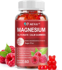 MENXI Magnesium Gummies Raspberry bottle highlights sugar-free, sleep-supporting formula.