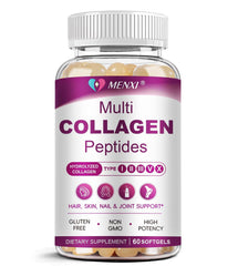 MENXI multi collagen softgels bottle on table, easy-to-swallow wellness capsules.