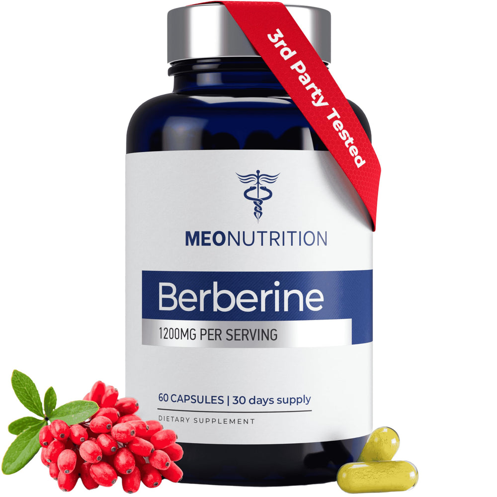 Meo Nutrition Berberine 1200mg HCI bottle front shows premium supplement for daily wellness