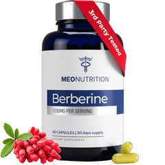 Meo Nutrition Berberine 1200mg HCI bottle front shows premium supplement for daily wellness