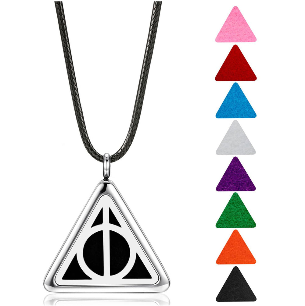 mEssentials Potter Hallows pendant diffuser on black rope for portable aromatherapy