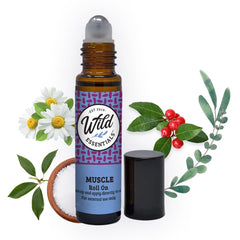 mEssentials Wild Essentials Muscle Roll-On bottle closeup for convenient muscle relief