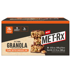 MET-Rx Big 100 granola bar pack front, on-the-go protein for active days.