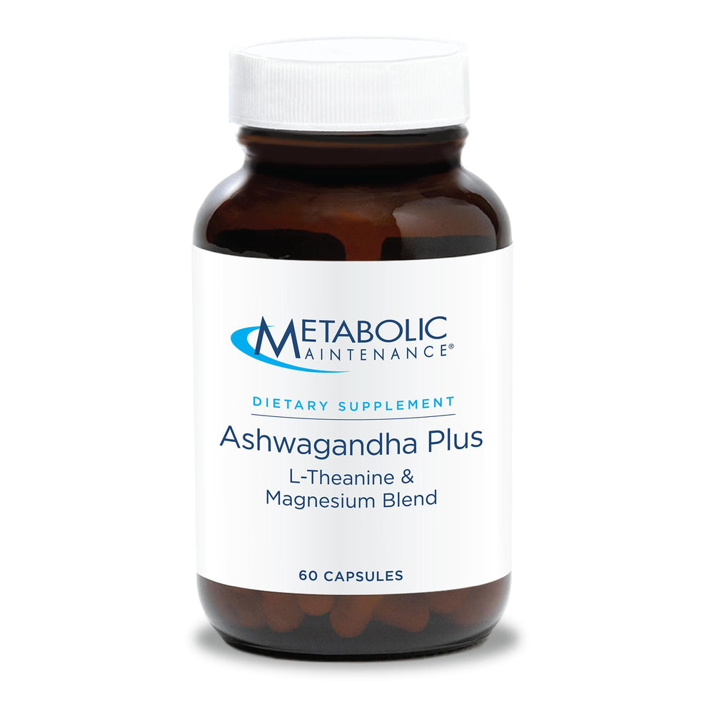 Metabolic Maintenance Ashwagandha Plus bottle promotes calm focus and stress resilience.