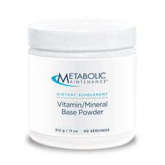 Metabolic Maintenance Base Powder bottle shows a comprehensive iron-free multivitamin formula for daily support.