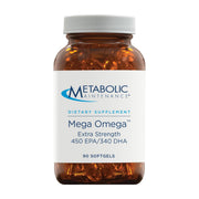 Metabolic Maintenance Mega Omega Extra Strength bottle displayed with label detailing potent omega-3 formula