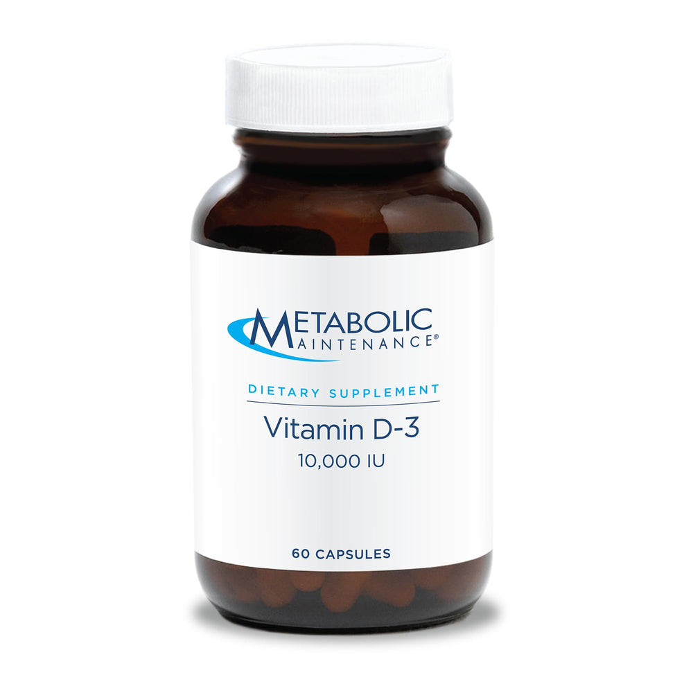 Metabolic Maintenance Vitamin D3 bottle front displaying 10,000 IU potency and vitamin C.