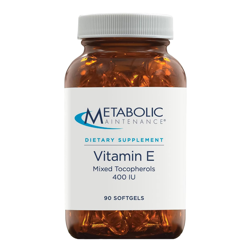 Metabolic Maintenance Vitamin E Complex bottle showing 400 IU and mixed tocopherols for antioxidant support.