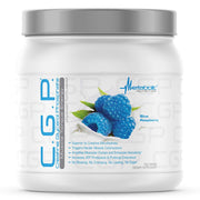 Metabolic Nutrition CGP powder jar front with blue raspberry flavor, pre-workout use.