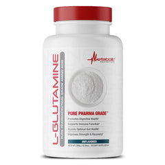 Metabolic Nutrition Glutamine powder tub highlighting high-purity, recovery-supporting formula.