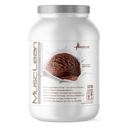 Metabolic Nutrition MusClean chocolate label close-up highlights protein-rich keto formula.