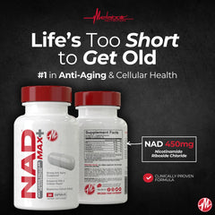 Metabolic Nutrition NAD MAX Plus+ ingredients panel with plant-based capsules and NR support