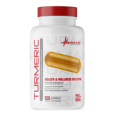 Metabolic Nutrition turmeric capsules close-up, highlighting 2300mg potency and black pepper absorption support.