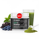 METAERA GLP-1 Synergy bottle shows vegan, gluten-free gut health supplement for daily use.