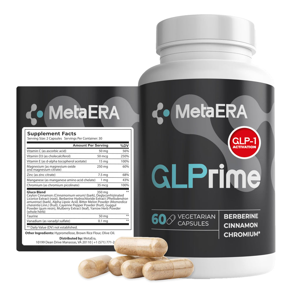 METAERA GLPrime bottle front showcases berberine blend for daily balance.