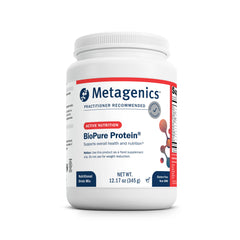 Metagenics BioPure Protein tub front view, highlighting 16 g of protein per serving for daily support.