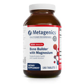 Metagenics Bone Builder bottle close-up highlighting a bone-support mineral blend for daily use.