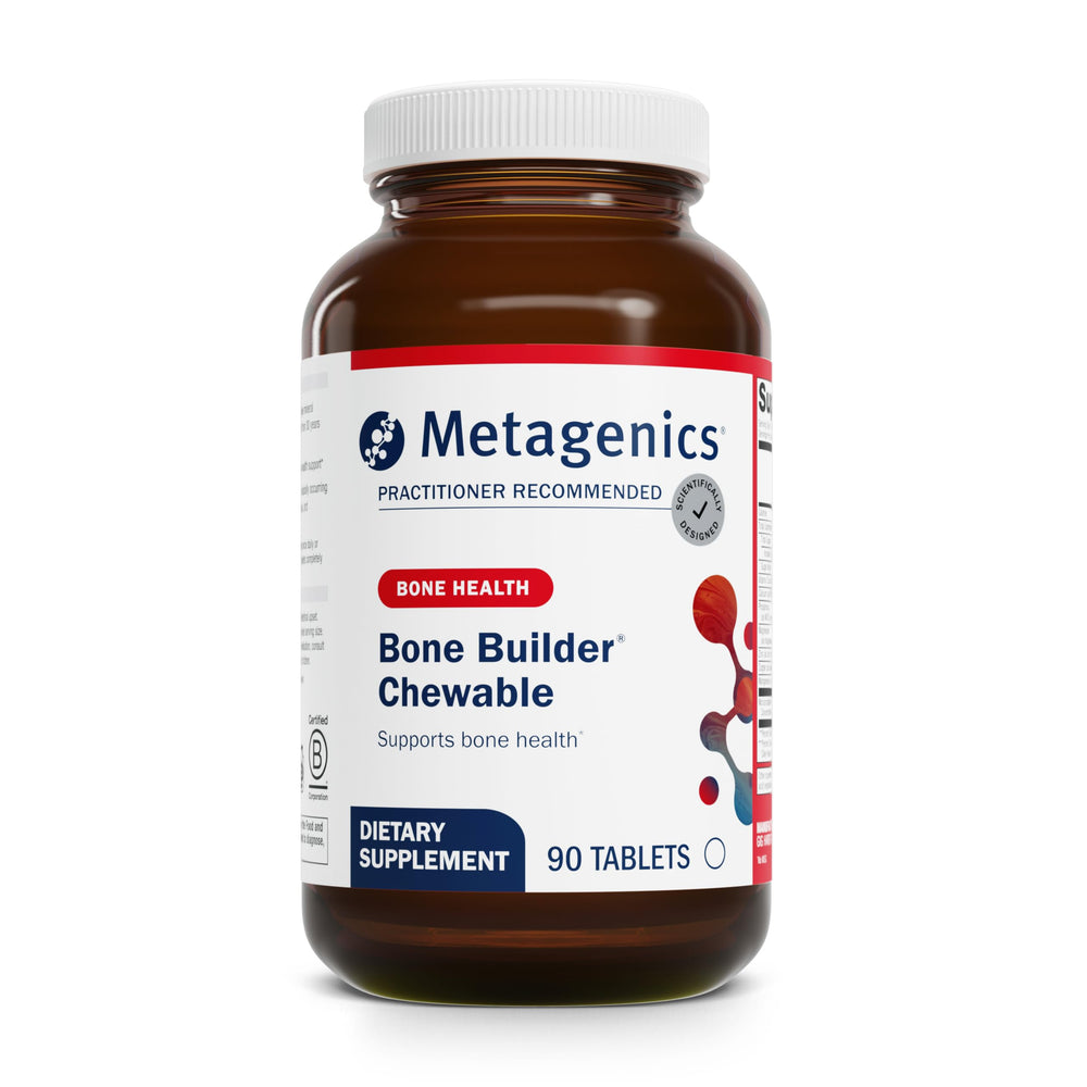 Metagenics Bone Builder bottle displaying chewables for bone health and daily wellness