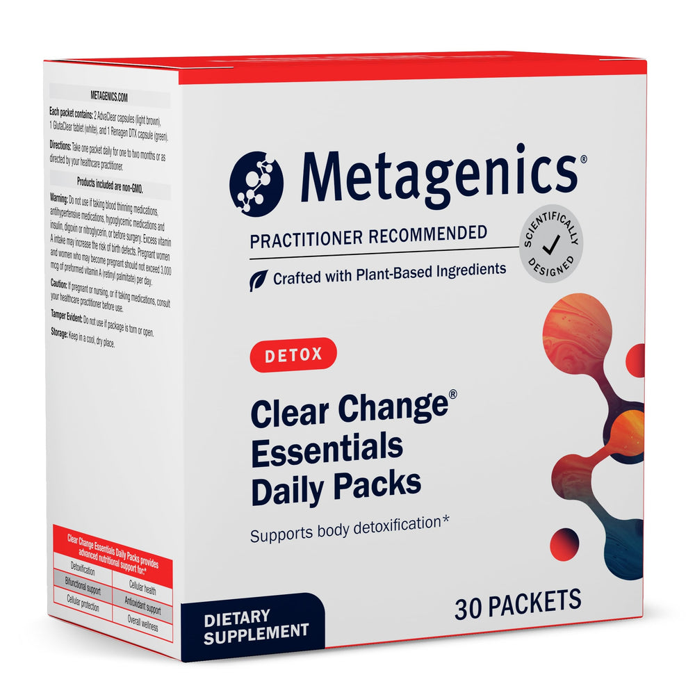 Metagenics Clear Change Daily Essentials bottle promoting daily detox and gut balance