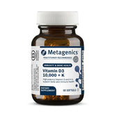 Metagenics D3 + K 10,000 IU bottle close-up highlighting bone and immune-friendly vitamins
