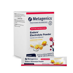 Metagenics Endura lemonade packets on display for convenient hydration during workouts