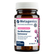 Metagenics HerWellness Estrovera bottle close-up for menopause support.
