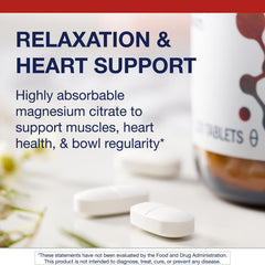 Metagenics Magnesium Citrate serving panel emphasizes calcium and magnesium balance