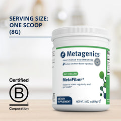 Metagenics MetaFiber label close-up showing gluten-free and non-GMO features.