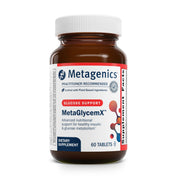Metagenics MetaGlycemX bottle highlighting alpha-lipoic acid for metabolism support.